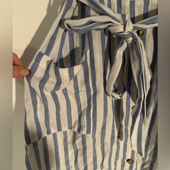 Pocket Front Blue and White Stripe Button Up Belted Dress - Picture 6 of 7